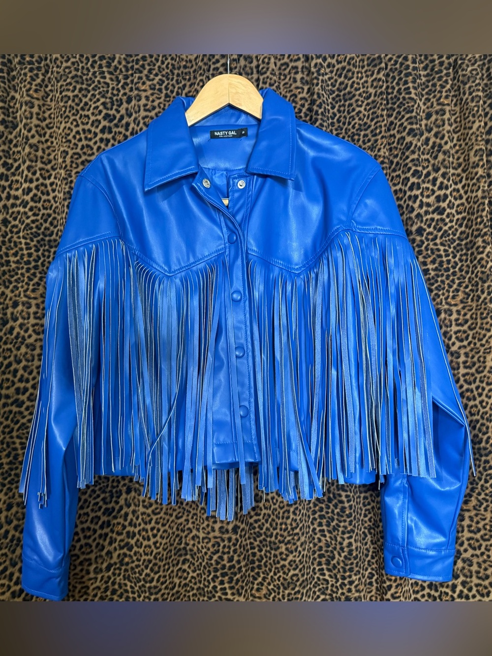 Nasty Gal Electric Blue Faux Leather Fringe Western Jacket NWOT
